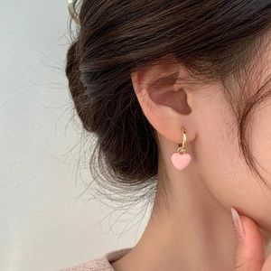 NEW Pink Enamel Heart Drop Gold Plated Hoop Earrings